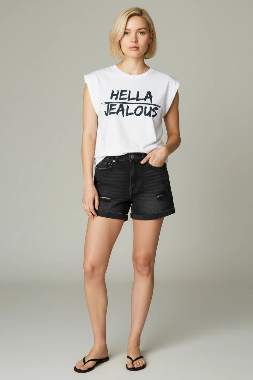 Model wearing Jealous Tee progressive muscle tee with HELLA JEALOUS design