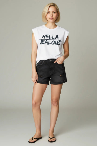 Model wearing Jealous Tee progressive muscle tee with HELLA JEALOUS design