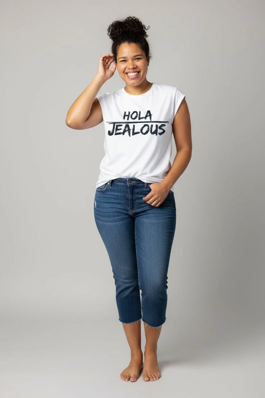 model wearing HOLA JEALOUS white progressive muscle tee with jeans