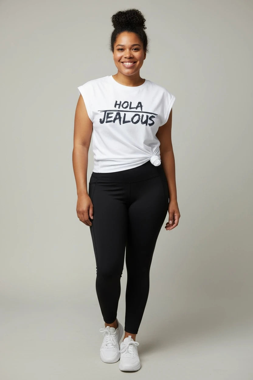 Person wearing equality and human rights muscle t-shirt with HOLA JEALOUS design