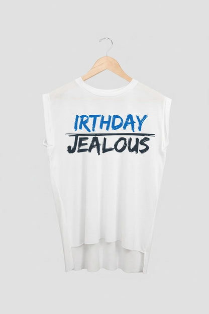 Jealous Tee muscle t-shirt on hanger – IRTHDAY JEALOUS design by JealousTee