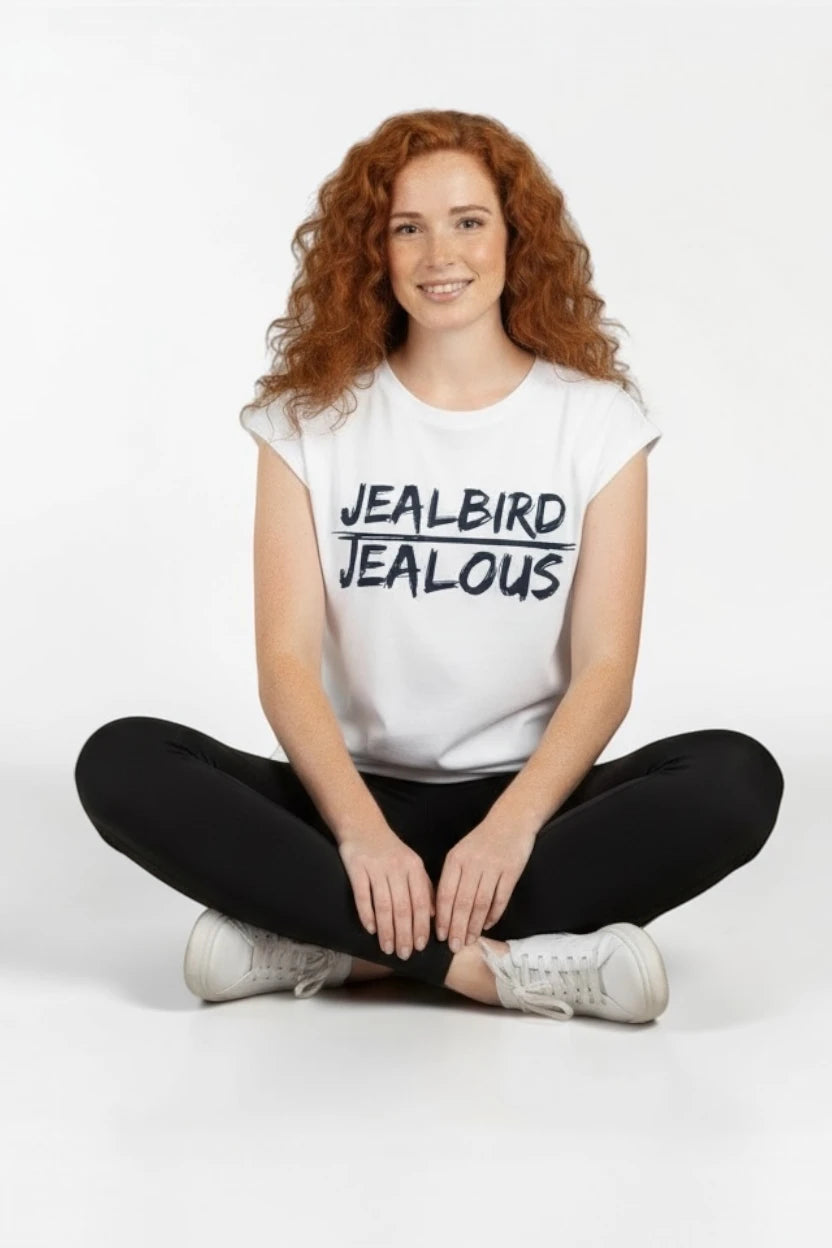 Person wearing Jealous Tee Jealbird progressive women's empowerment tee