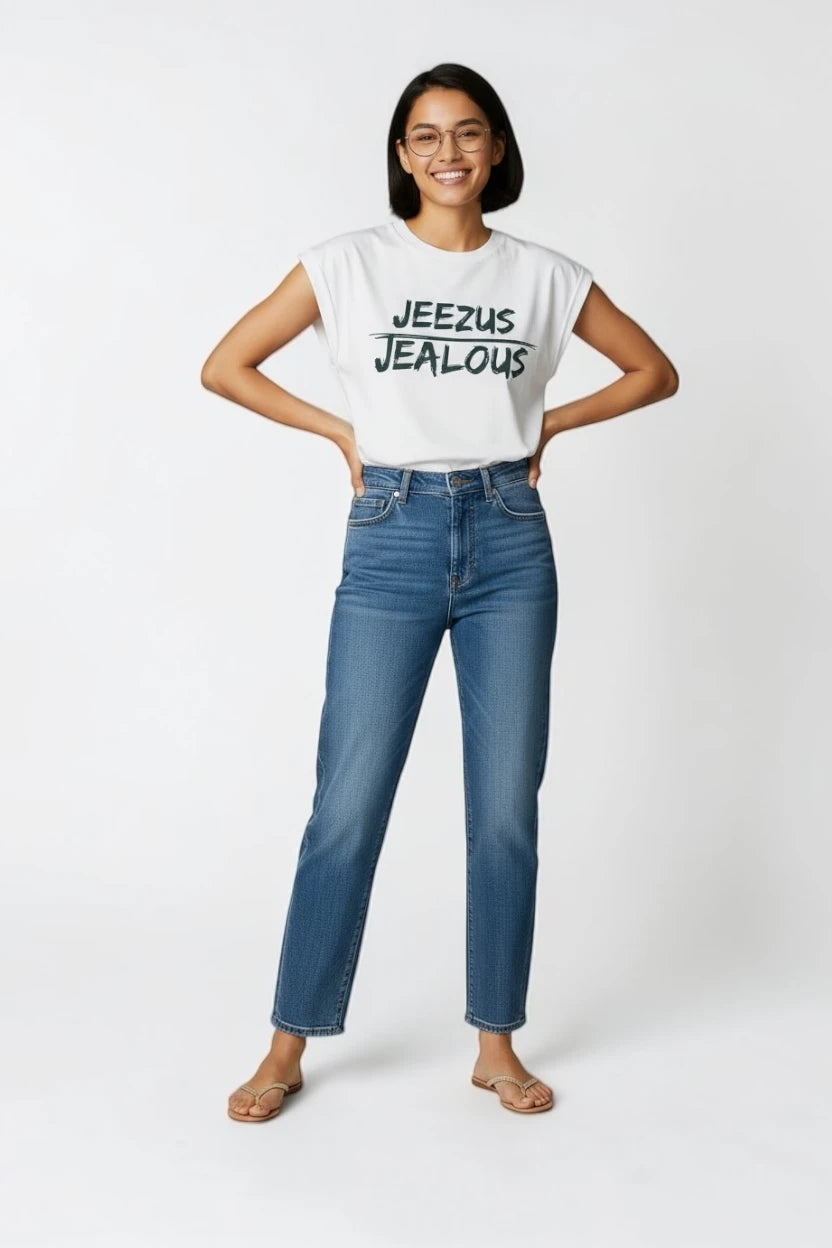 Woman wearing JEEZUS JEALOUS progressive muscle tee 