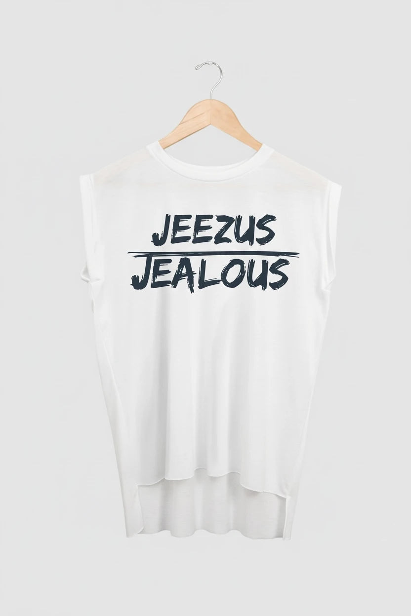 Jealous Tee muscle t-shirt on hanger – JEEZUS JEALOUS design by JealousTee