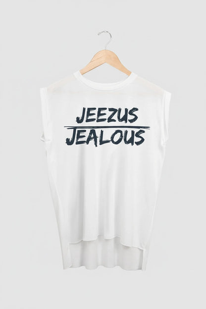 Jealous Tee muscle t-shirt on hanger – JEEZUS JEALOUS design by JealousTee