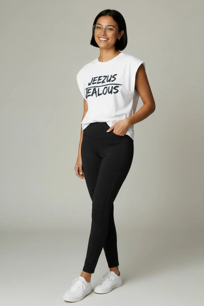 Model wearing Jealous Tee empowerment muscle tee with JEEZUS JEALOUS design by JealousTee