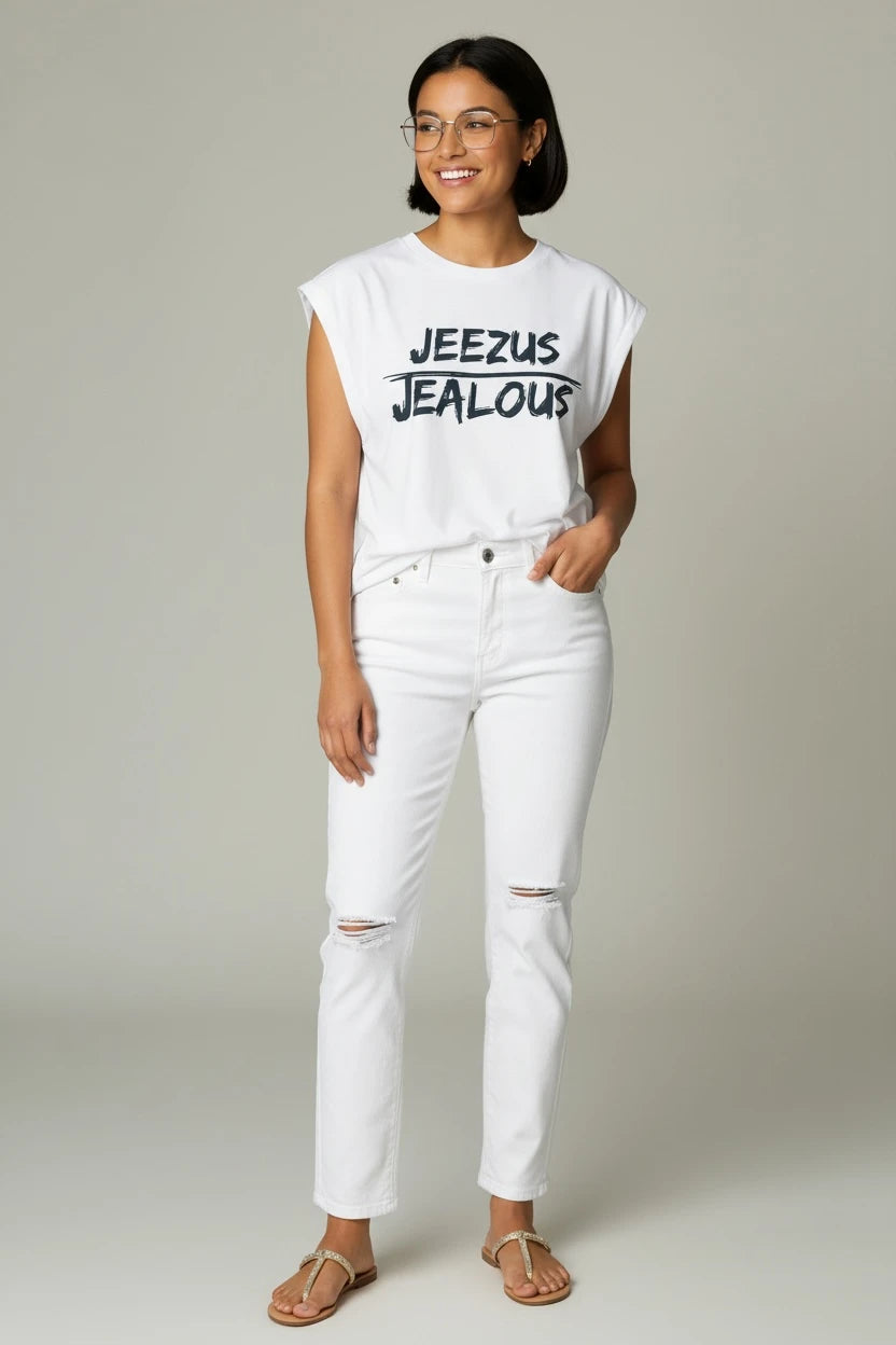 Jealous Tee women's empowerment t-shirt with JEEZUS JEALOUS design