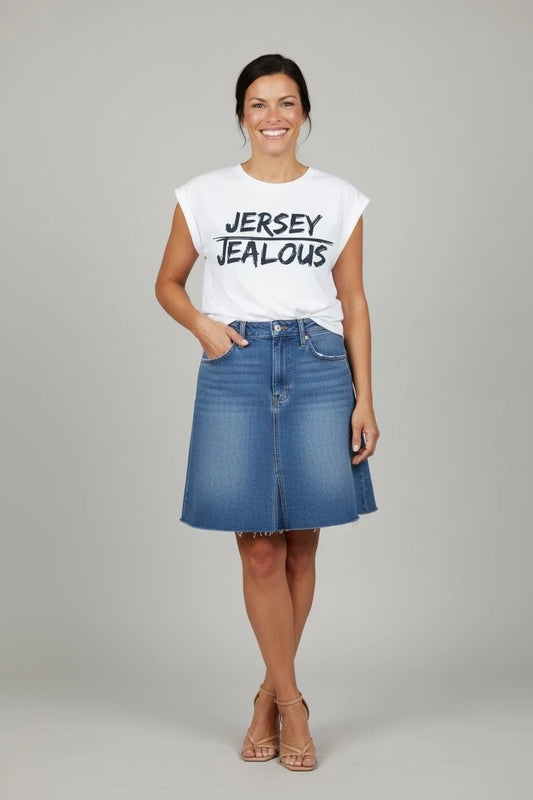 Equality empowerment white muscle tee with JERSEY JEALOUS design