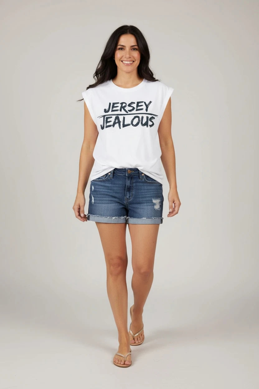 JERSEY JEALOUS white equality muscle tee with jean shorts
