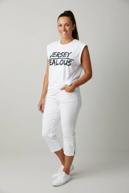 JERSEY Jealous women's right's white muscle tee with white jeans
