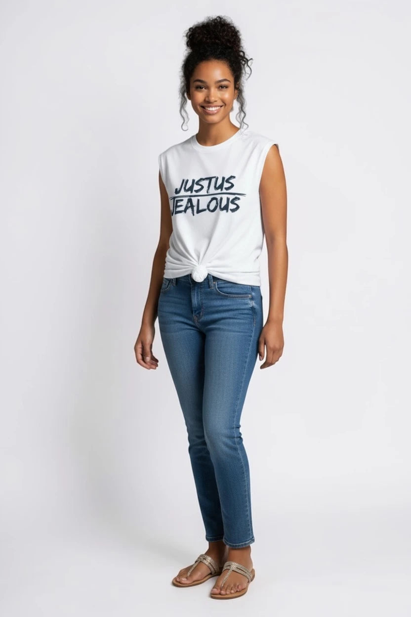 Jealous Tee equality and human rights muscle t-shirt with JUSUTS JEALOUS design wearing jeans