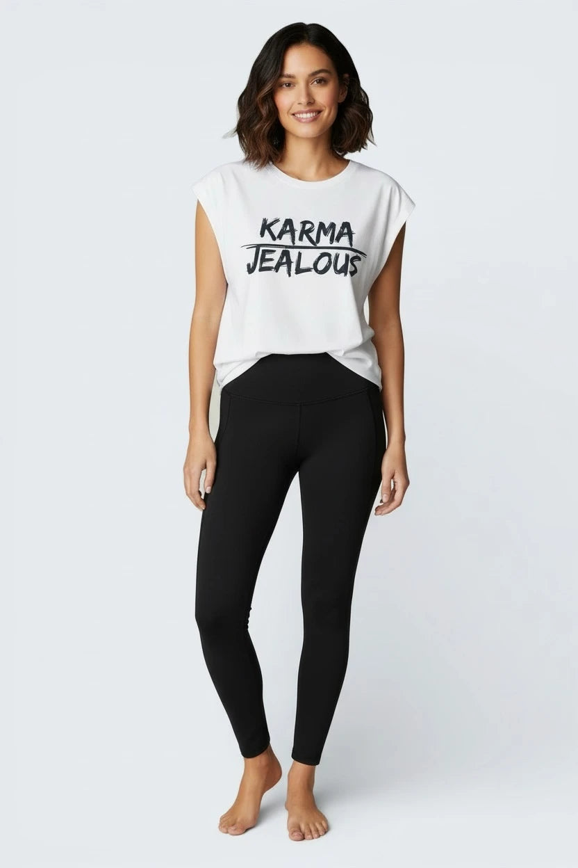 Model wearing Jealous Tee feminist empowerment muscle tee with KARMA JEALOUS design