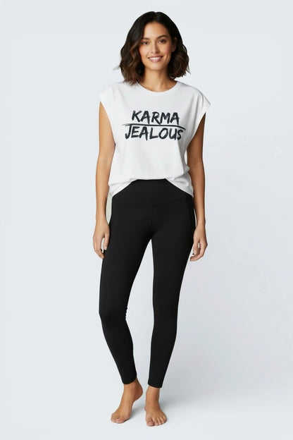 Model wearing Jealous Tee feminist empowerment muscle tee with KARMA JEALOUS design
