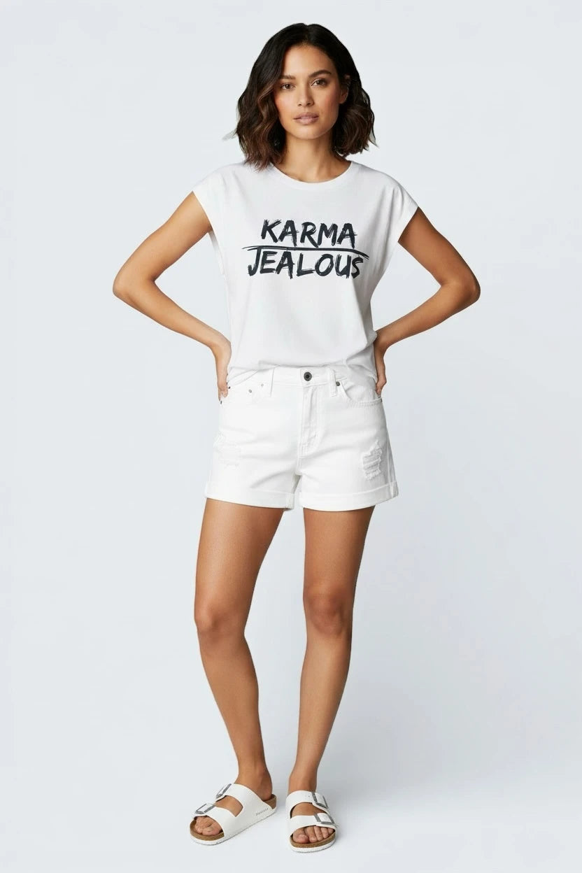 Jealous Tee women's empowerment t-shirt with KARMA JEALOUS graphic from JealousTee