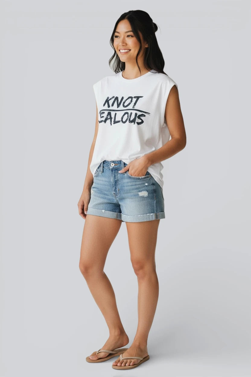 Model wearing Jealous Tee feminist KNOT JEALOUS wedding party design by JealousTee.