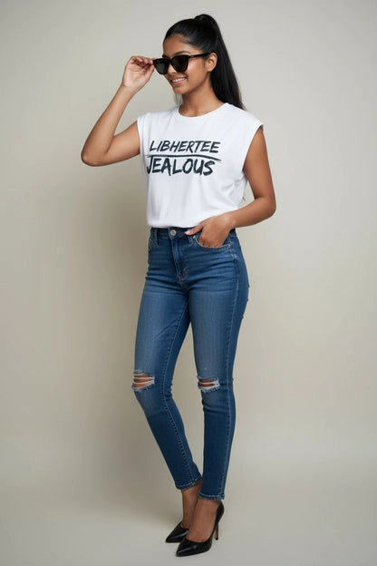 Model wearing Jealous Tee progressive feminist empowerment muscle tee with LIBHERTEE JEALOUS design