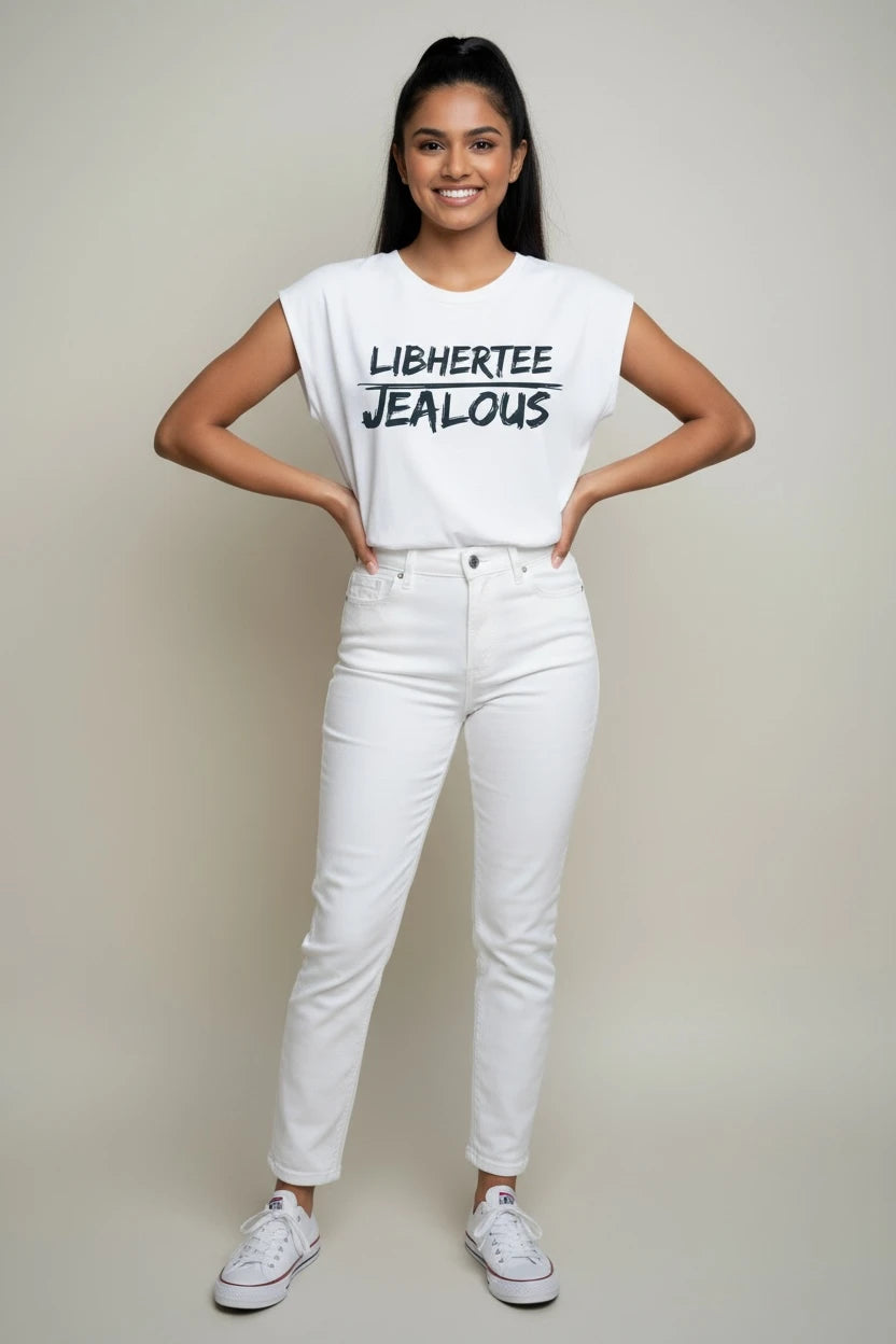 Jealous Tee women's empowerment t-shirt with LIBHERTEE JEALOUS graphic by JealousTee