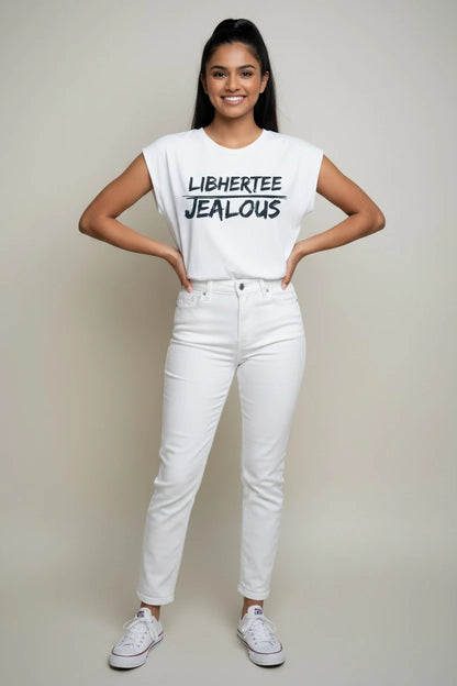 Jealous Tee women's empowerment t-shirt with LIBHERTEE JEALOUS graphic by JealousTee
