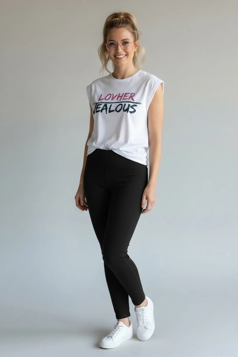 Valentine white muscle tee with LOVHER JEALOUS text across front
