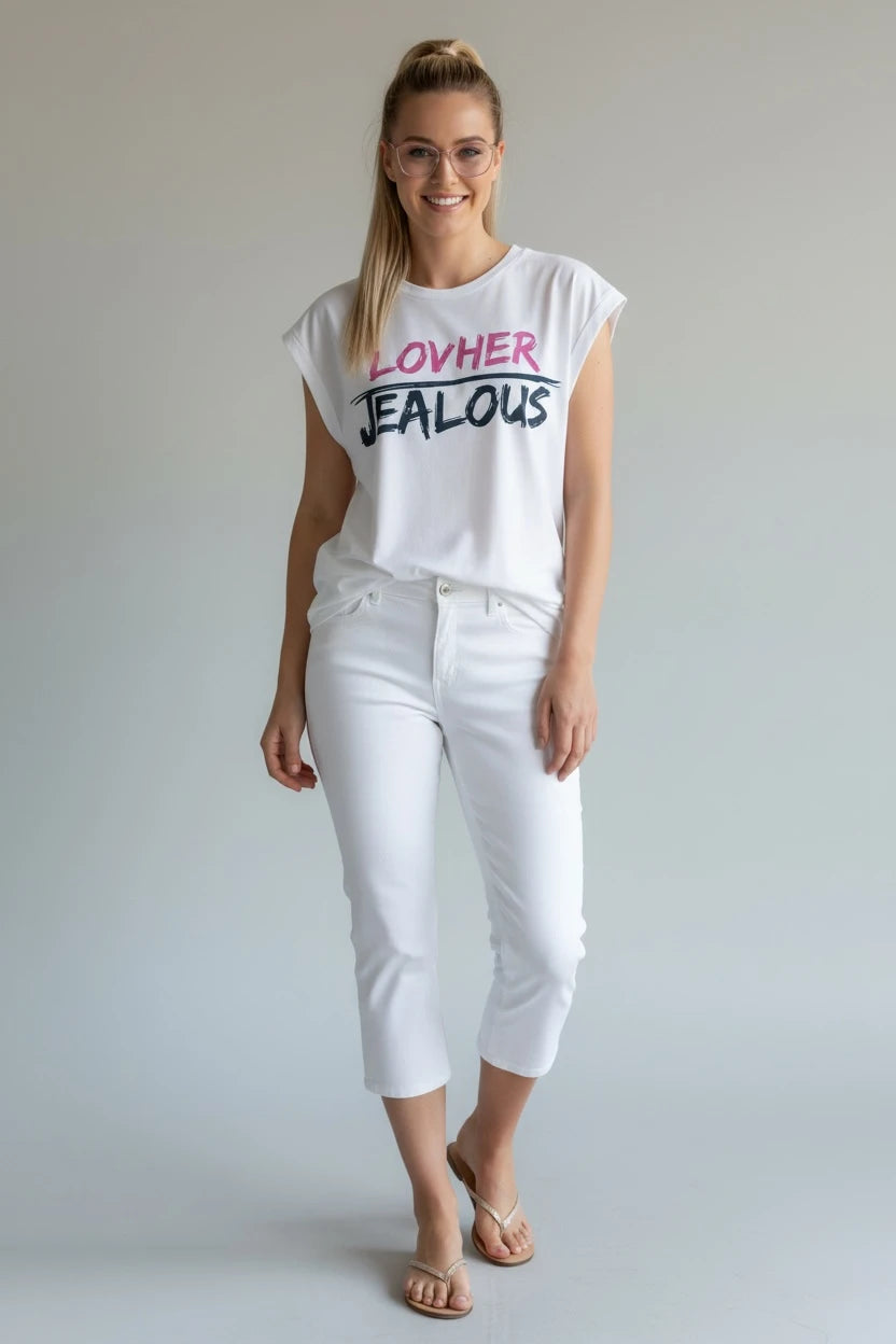 Model wearing Jealous Tee valentine empowerment muscle tee with LOVHER JEALOUS design