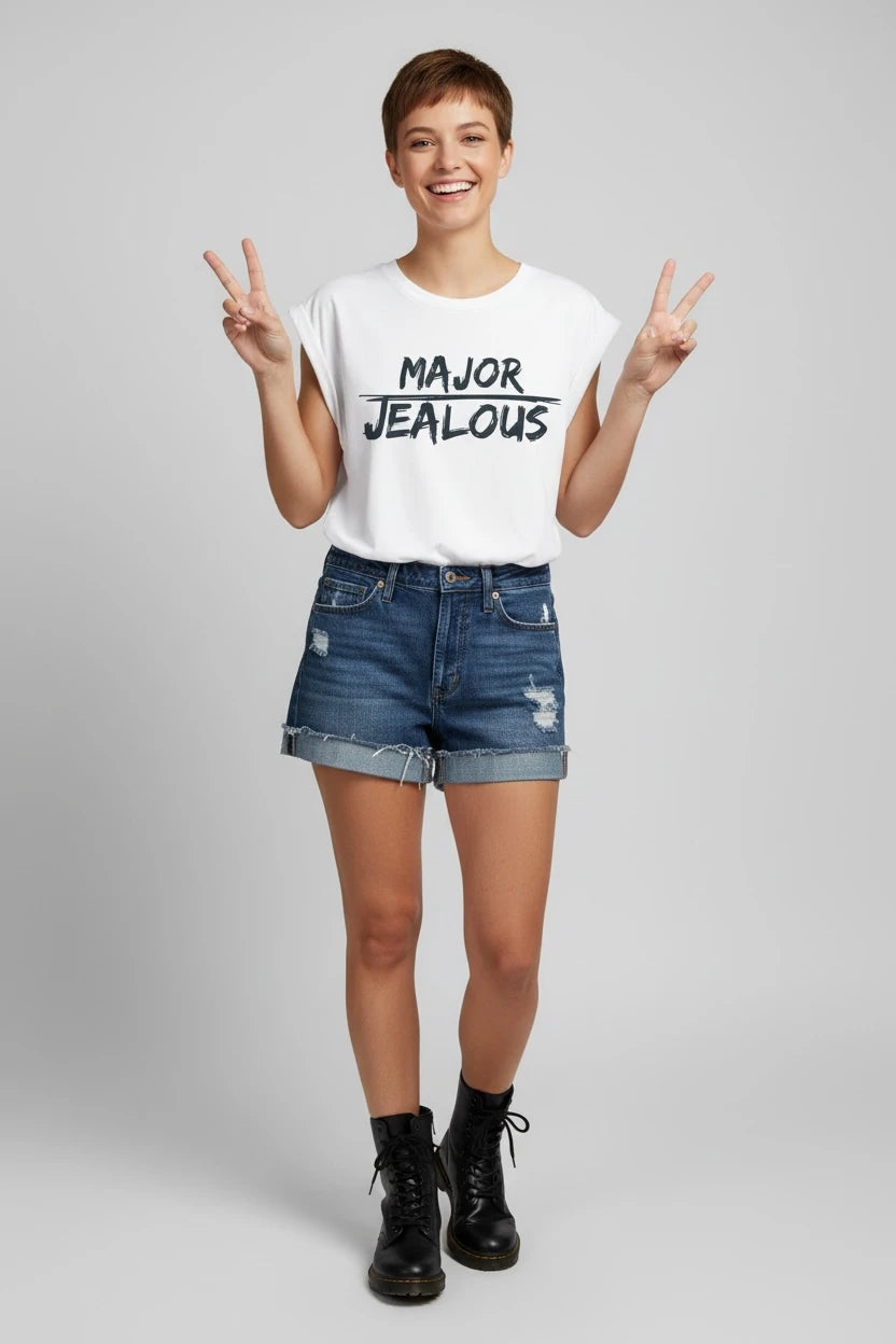 Model celebrating and wearing a white muscle t-shirt with MAJOR JEALOUS design