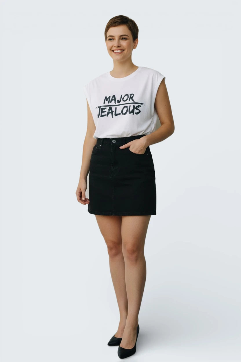 Model wearing Jealous Tee equality and empowerment muscle tee with MAJOR JEALOUS design across front