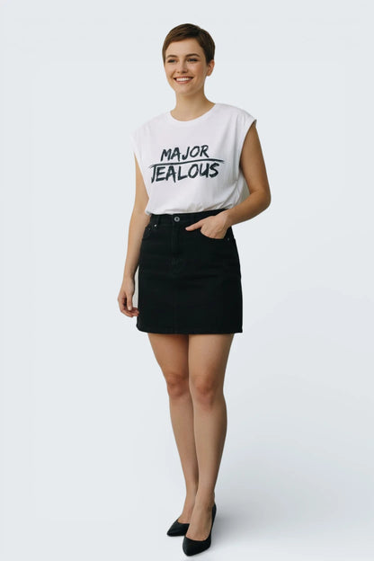 Model wearing Jealous Tee equality and empowerment muscle tee with MAJOR JEALOUS design across front