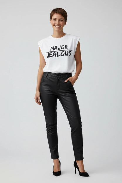 Jealous Tee equality empowerment white muscle tee with MAJOR JEALOUS design by JealousTee