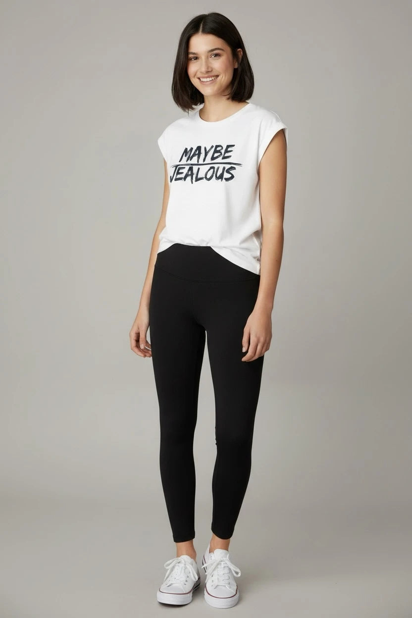 Model wearing white muscle t-shirt with MAYBE JEALOUS text by JealousTee