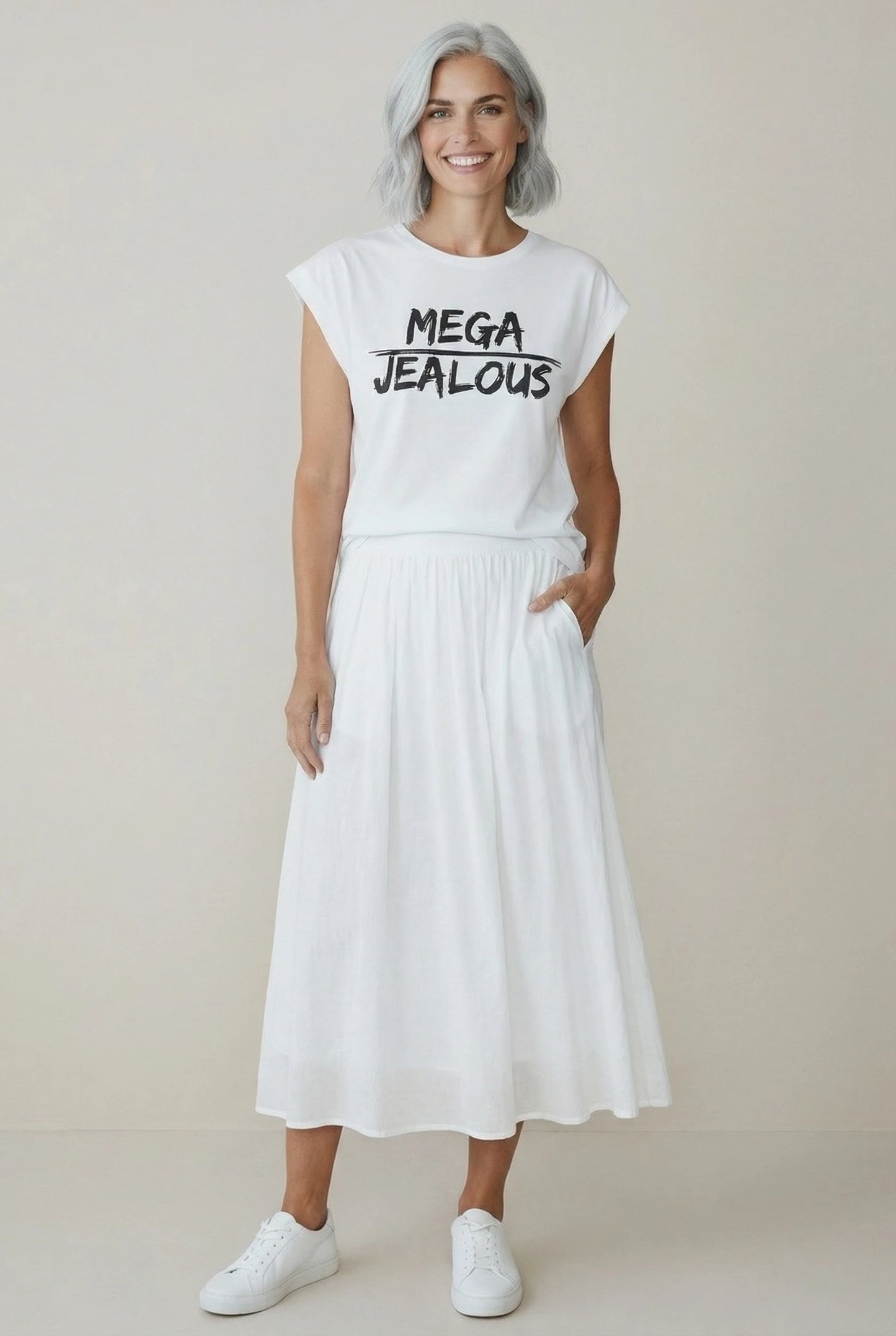 Jealous Tee MEGA design social justice women's muscle tee with white skirt