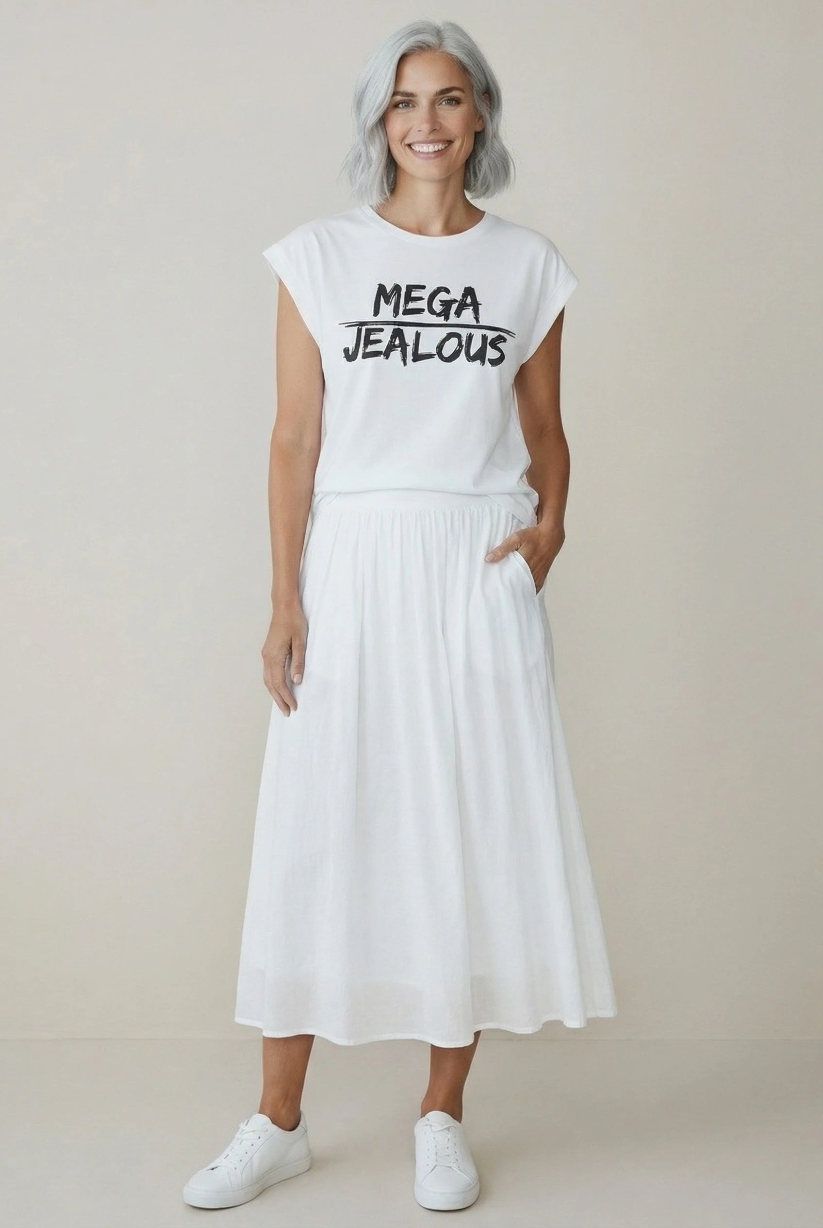 Jealous Tee MEGA design social justice women's muscle tee with white skirt