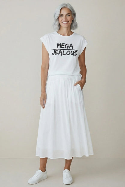Jealous Tee MEGA design social justice women's muscle tee with white skirt