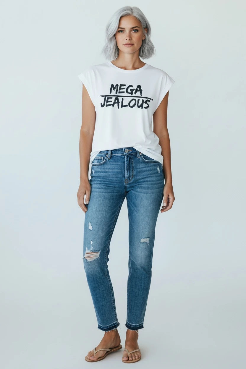 Model wearing Jealous Tee white muscle t-shirt with MEGA JEALOUS design by JealousTee