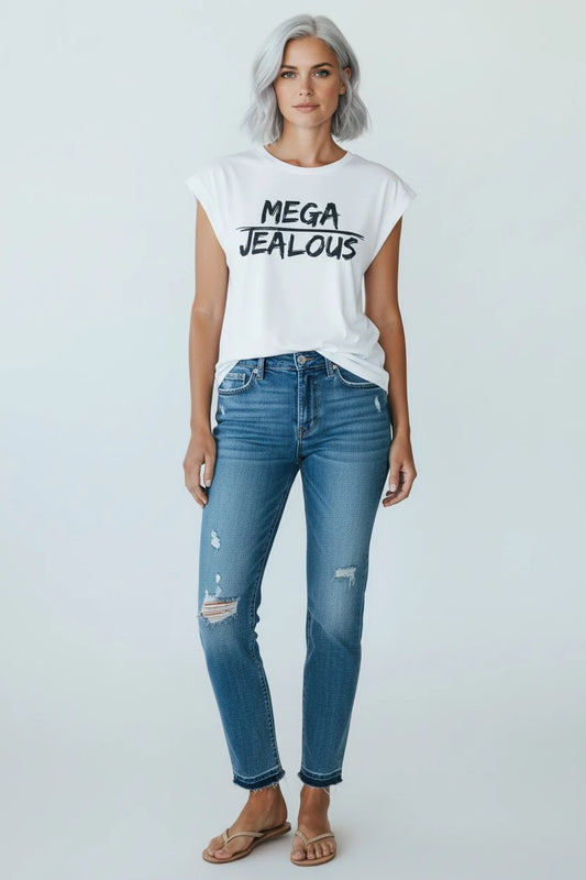Model wearing Jealous Tee white muscle t-shirt with MEGA JEALOUS design by JealousTee