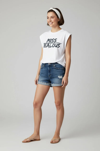 Equality empowerment white muscle tee with MISS JEALOUS design