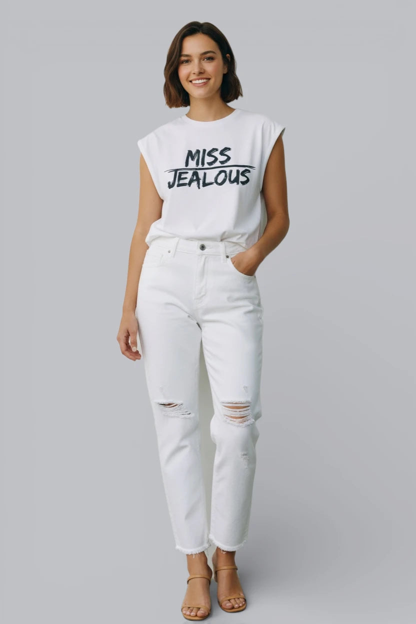 Model wearing Jealous Tee  MISS JEALOUS empowerment muscle tee