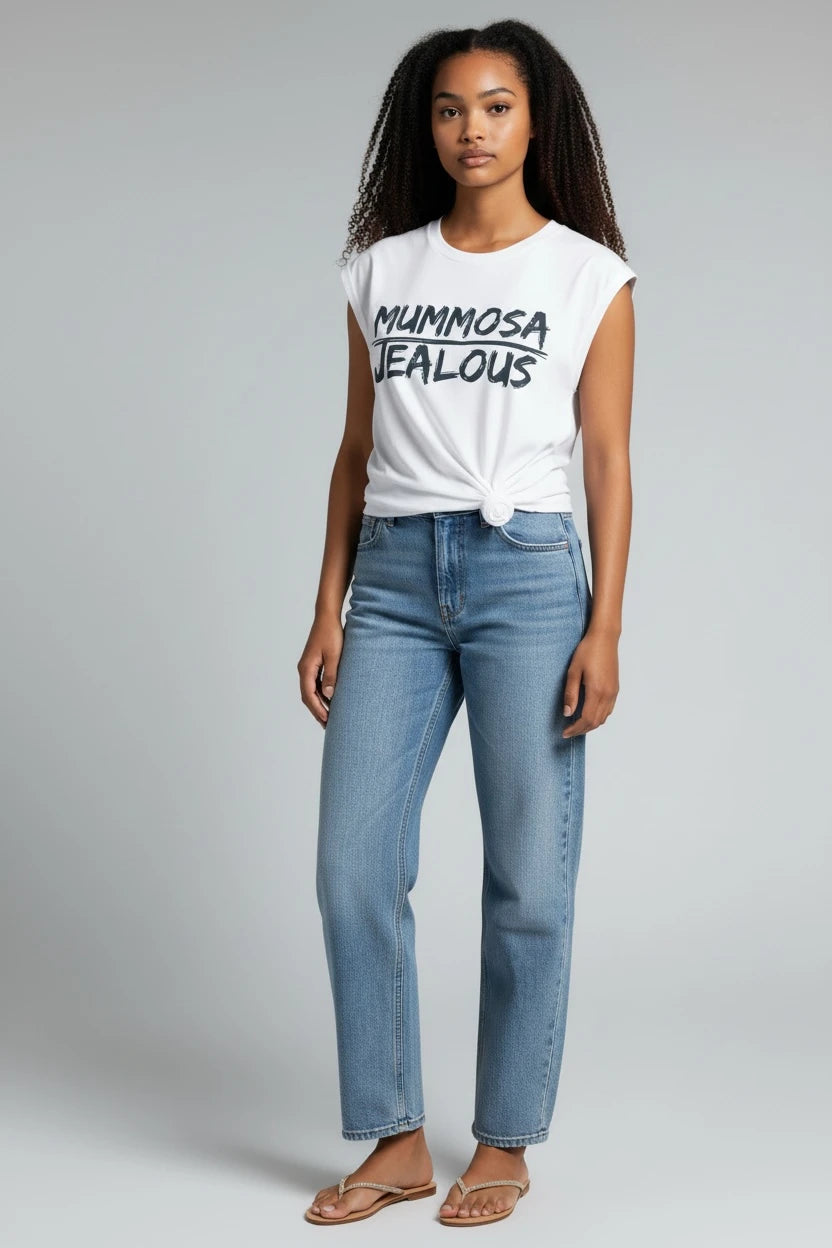 Jealous Tee feminist empowerment muscle tee with MUMMOSA JEALOUS graphic by JealousTee.