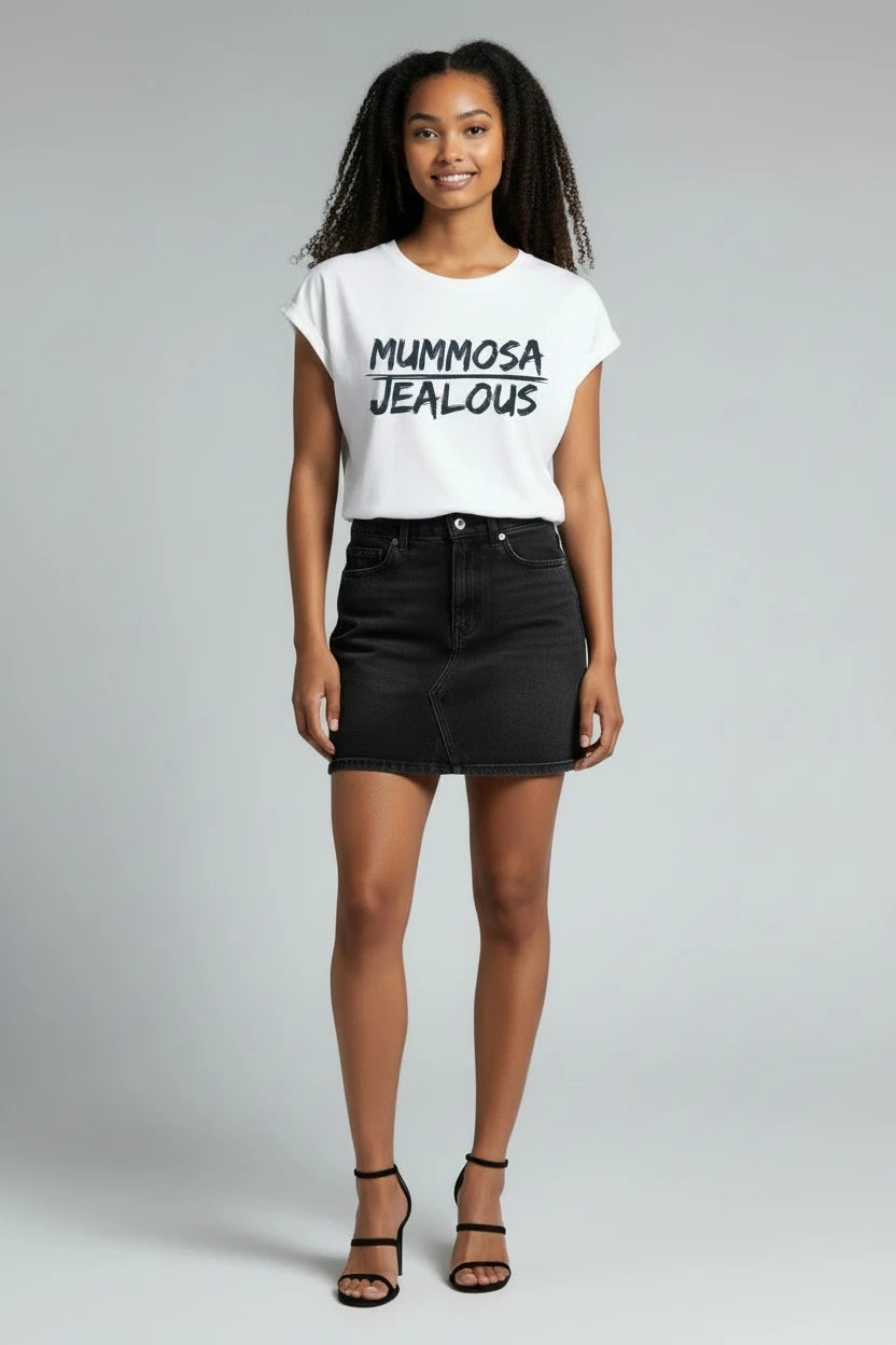 Woman wearing MUMMOSA JEALOUS progressive muscle tee and jean skirt