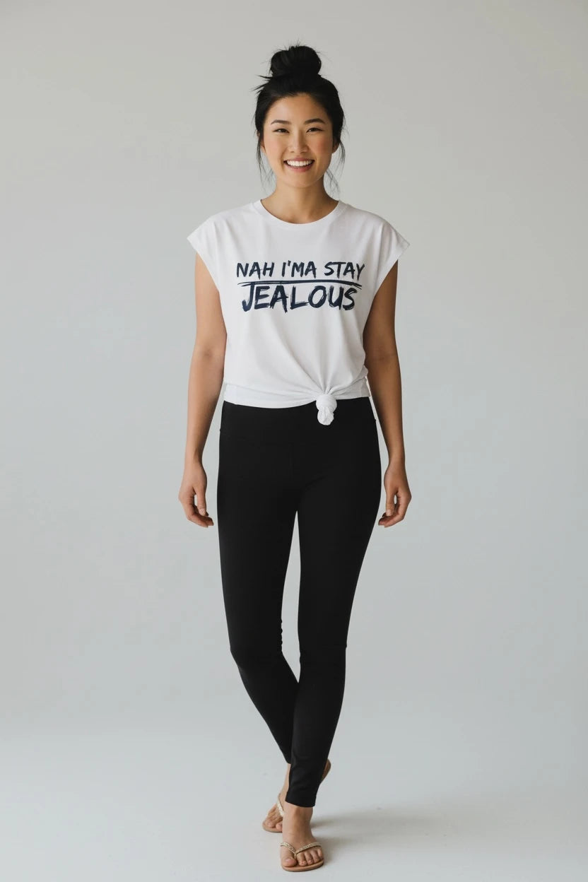 Woman wearing NAH I'MA STAY JEALOUS progressive yoga muscle tee 