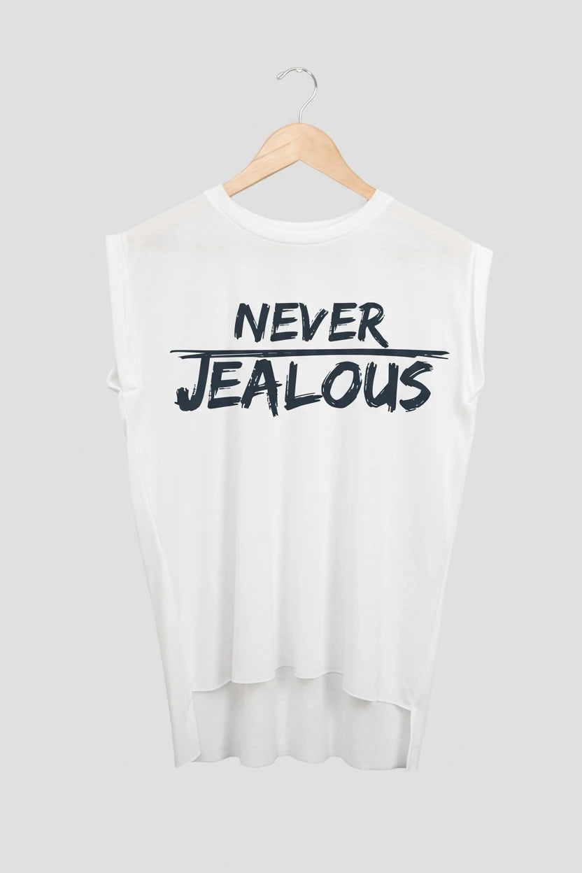 Jealous Tee muscle t-shirt on hanger – NEVER JEALOUS design by JealousTee