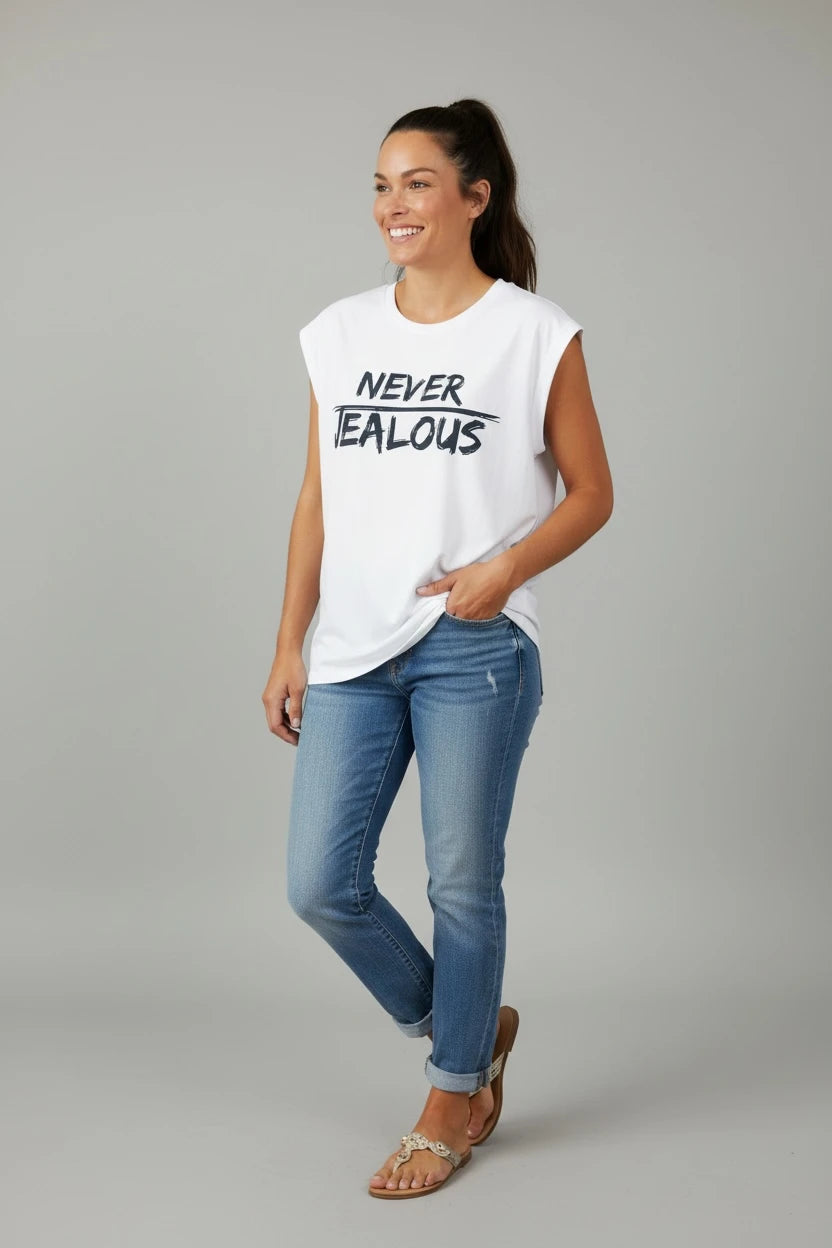 Jealous Tee empowerment t-shirt with NEVER JEALOUS design by JealousTee