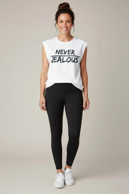 NEVER JEALOUS progressive empowerment white muscle tee with black leggings