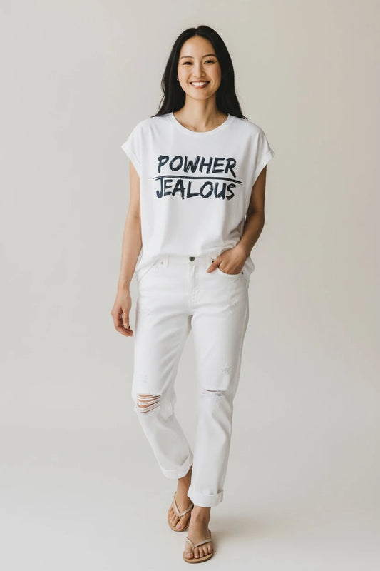 Equality and woman empowerment white muscle tee with POWHER JEALOUS design