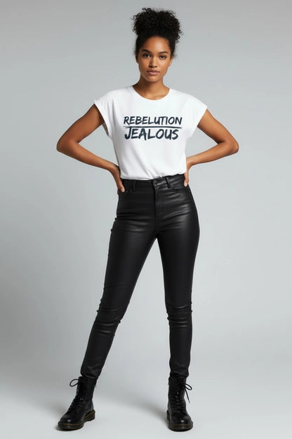 Model wearing Jealous Tee progressive women's muscle tee with REBELUTION JEALOUS graphic by JealousTee