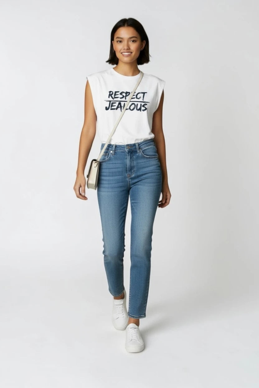 Woman wearing women's empowerment white  RESPECT t-shirt by Jealous Tee