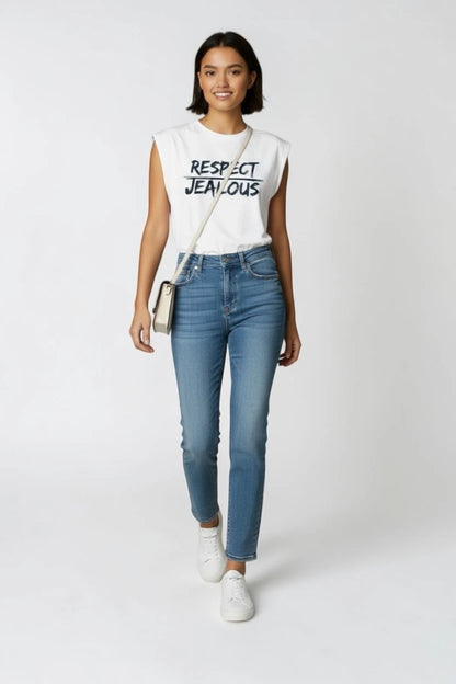 Woman wearing women's empowerment white  RESPECT t-shirt by Jealous Tee