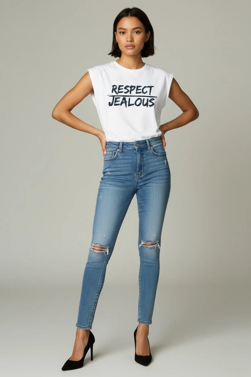 Model wearing Jealous Tee feminist empowerment muscle tee with RESPECT JEALOUS design by JealousTee