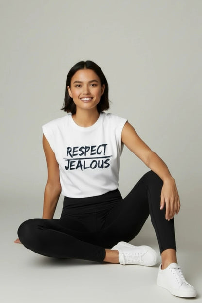 Person wearing a women's progressive t-shirt with RESPECT JEALOUS design and black leggings