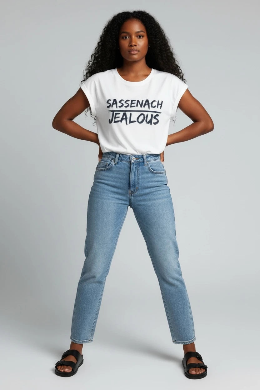 Woman wearing SASSENACH JEALOUS progressive women's rights muscle tee