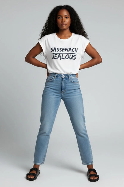 Woman wearing SASSENACH JEALOUS progressive women's rights muscle tee
